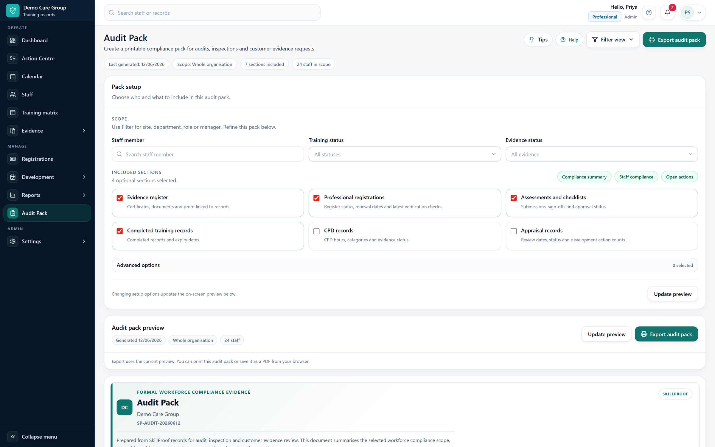 SkillProof audit pack builder