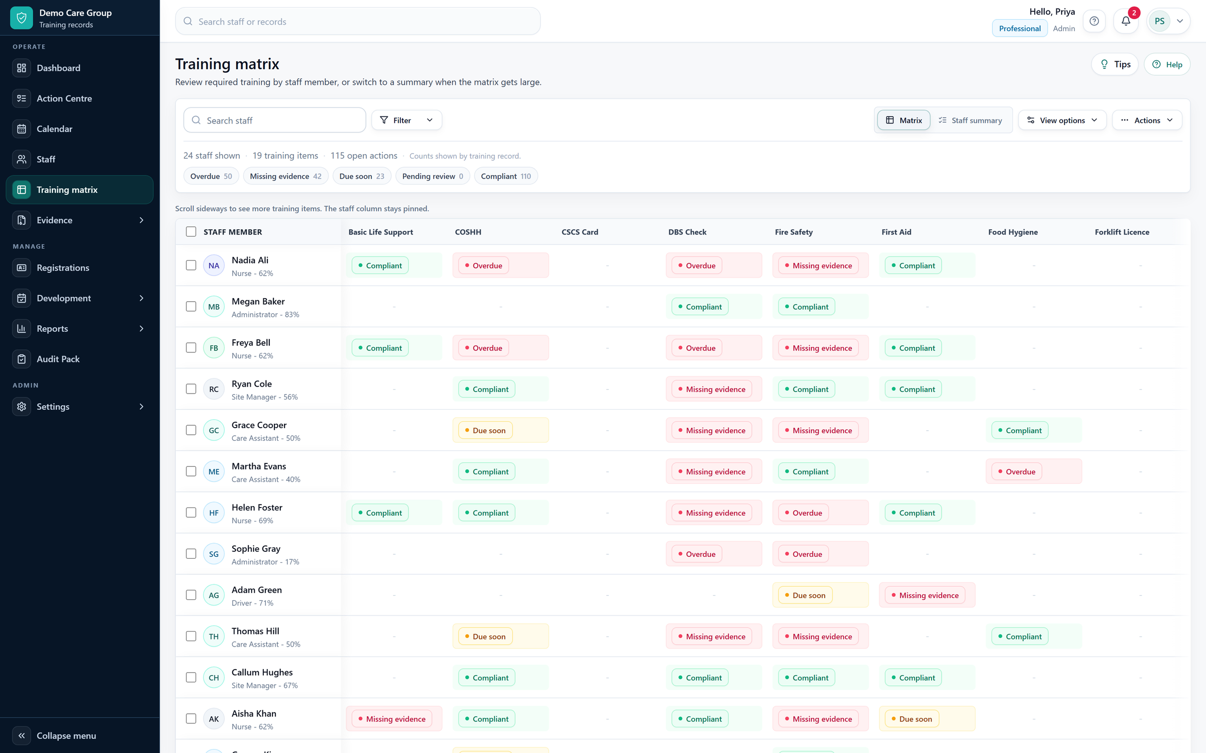SkillProof training matrix